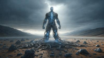 The primary subject of the image is a large, blue, and white creature with a long, twisted body. It appears to be a futuristic, robotic-like figure, possibly a cyborg or an alien. The creature is standing on a rocky surface, surrounded by a few rocks and a mountainous background. The visual style of the image is a combination of photo and digital art, creating a unique and intriguing scene. The colors and mood of the image are dark and mysterious, with the blue and